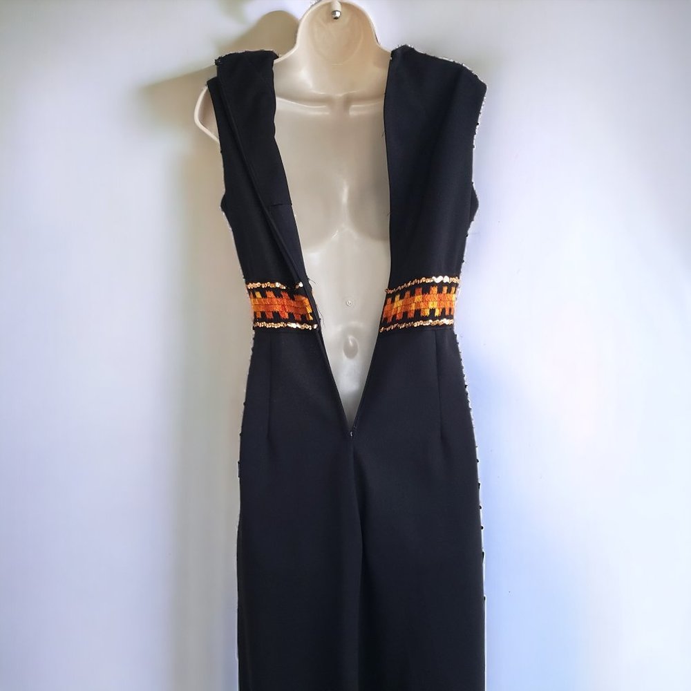 Vintage 70s black maxi dress with yellow/orange woven trim and gold sequins - Picture 7 of 8